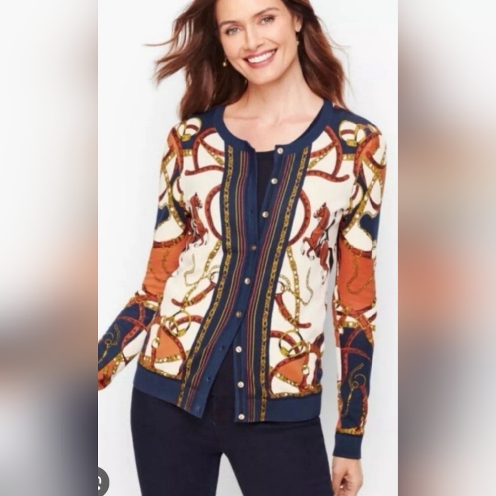 Talbots Equestrian Full Button Sweater Womens Size XL Novelty Print Mature